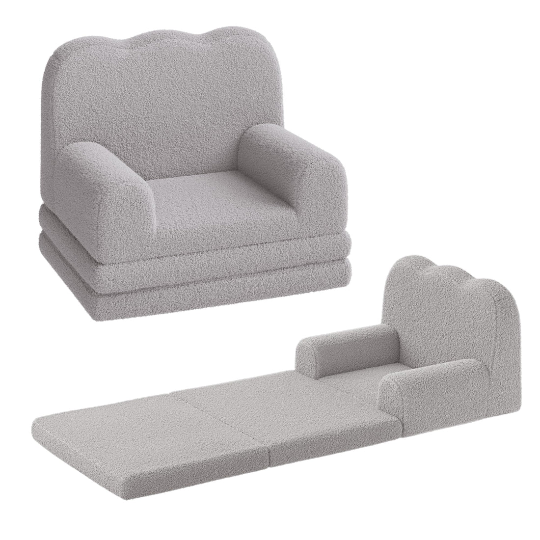 Canapé enfant 2 en 1 Garvee en tissu polaire gris effet peluche, pliable et polyvalent, idéal pour la salle de jeux et la chambre d'enfant.