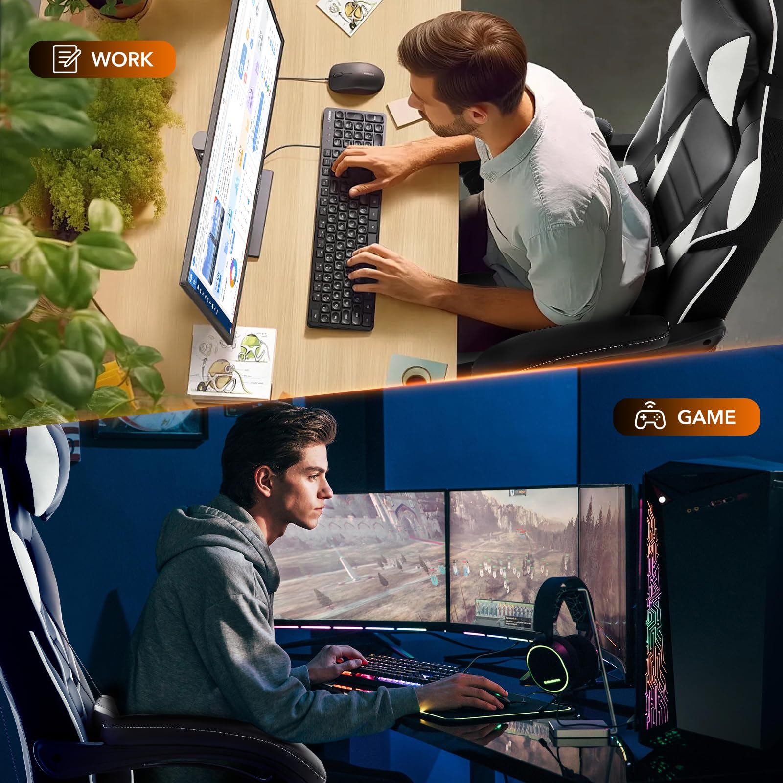 Garvee Chaise gaming ergonomique noir et blanc avec repose-pieds, appui-tête et soutien lombaire, pivotante 360°, hauteur réglable, capacité 136 kg, adulte et ado