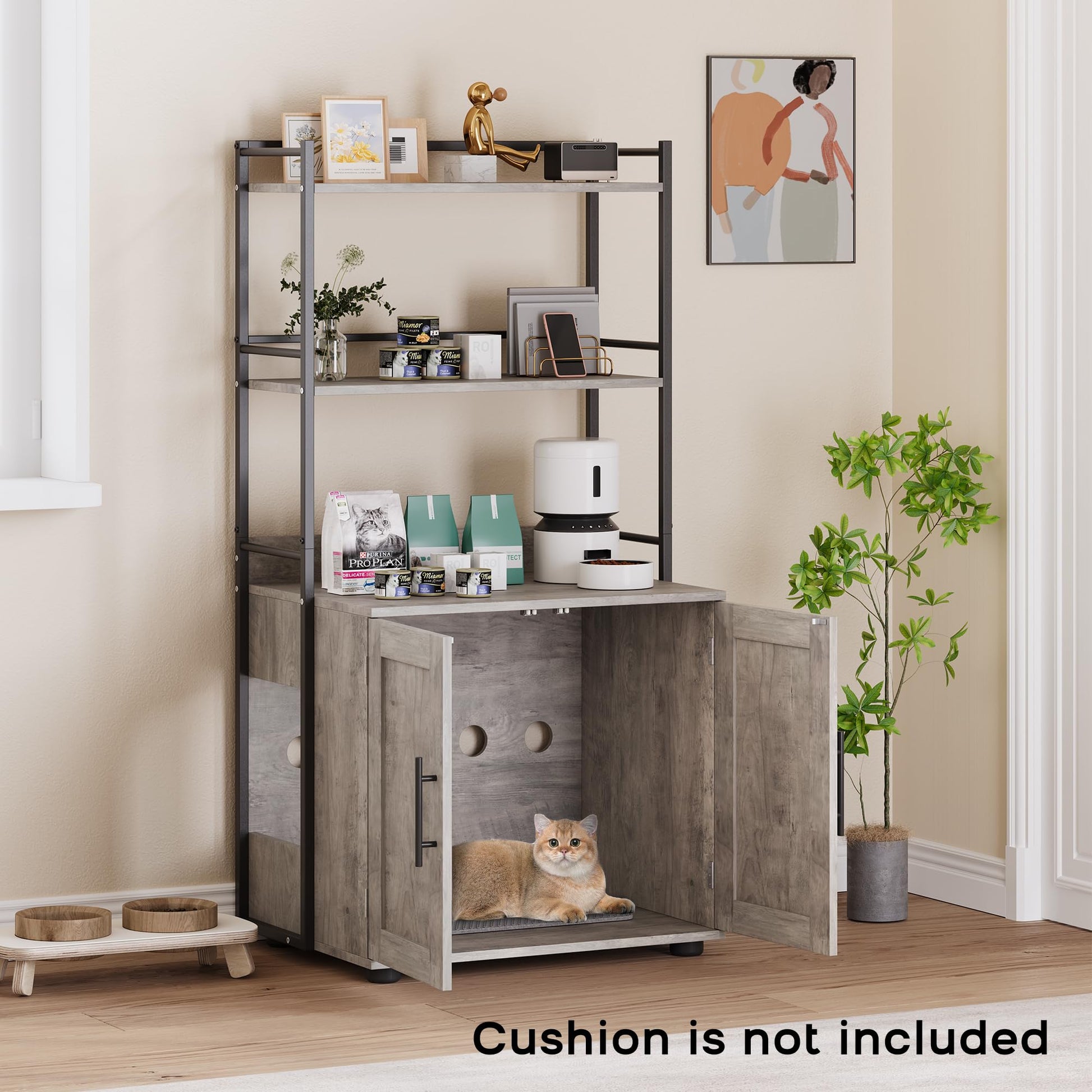 Meuble pour litière Garvee avec étagères de rangement, meuble 2 en 1 pour chat, MDF et fer, gris, pour usage intérieur, 3 étagères, robuste et sans odeur