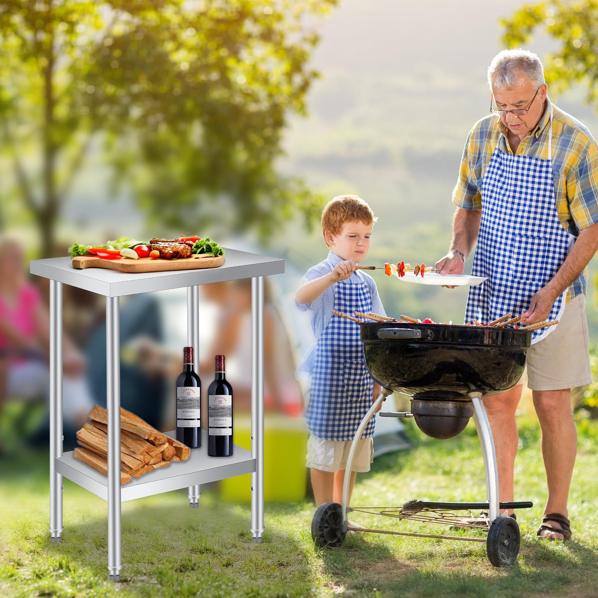 Table de travail Garvee en acier inoxydable 24 x 12 pouces, étagère inférieure réglable, robuste, antirouille et résistante aux rayures, idéale pour la restauration et les activités de plein air.