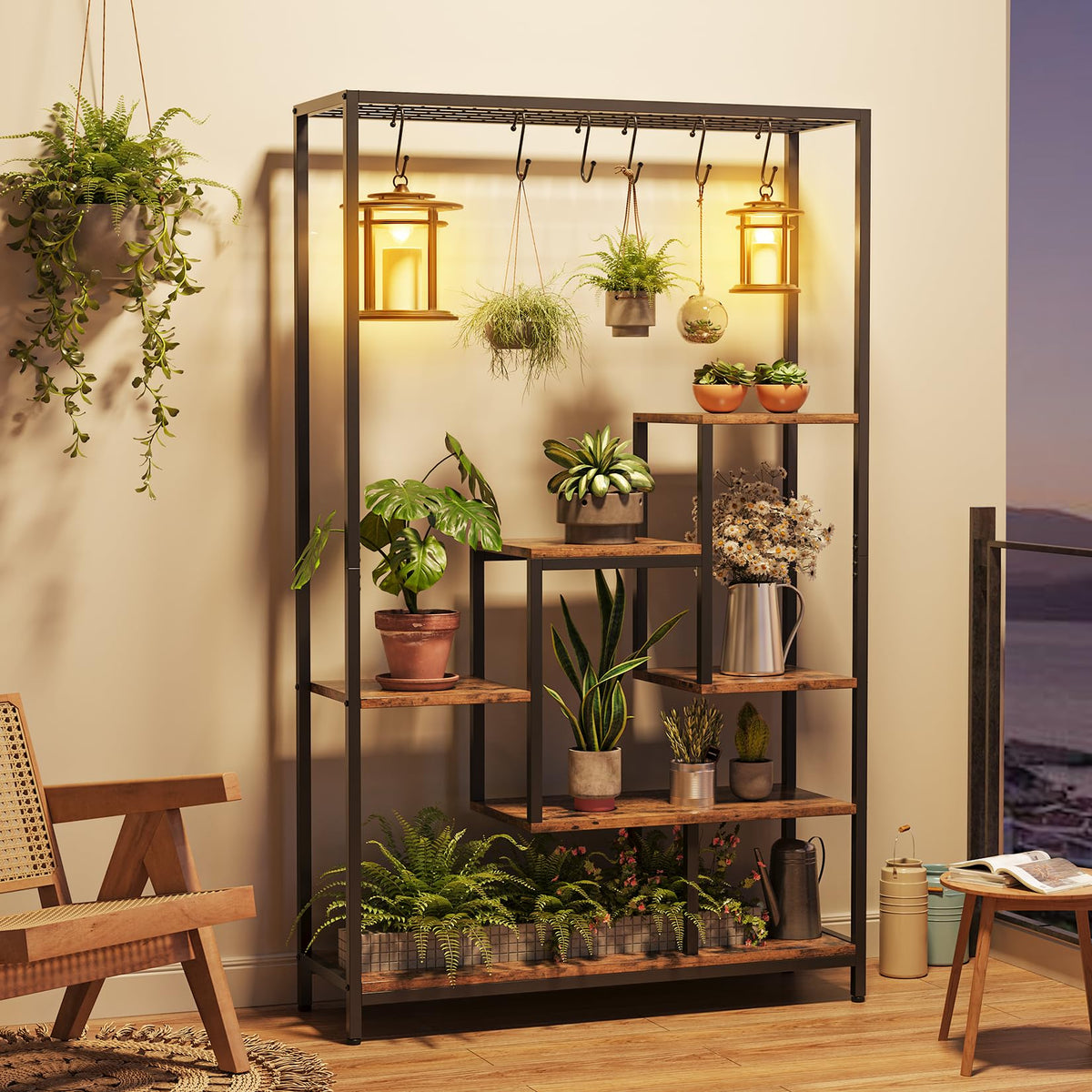 Garvee Support pour plantes d'intérieur, structure métallique à 5 niveaux avec crochets pour balcon et salon, 180 cm (70, 23 cm), marron
