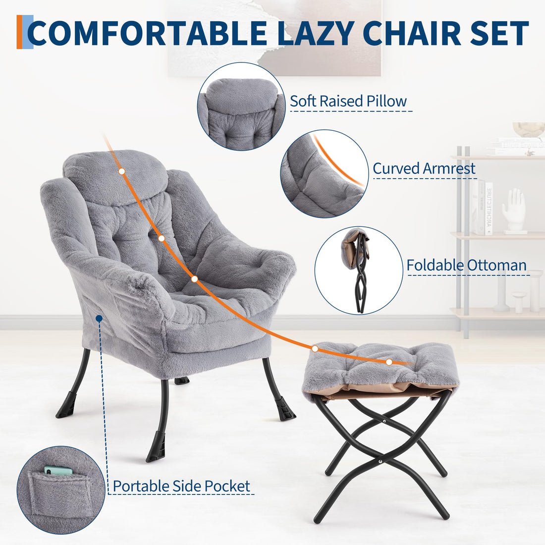 Garvee Fauteuil relax avec repose-pieds, ergonomique et robuste, revêtement en imitation fourrure de lapin, pour salon et bureau, gris