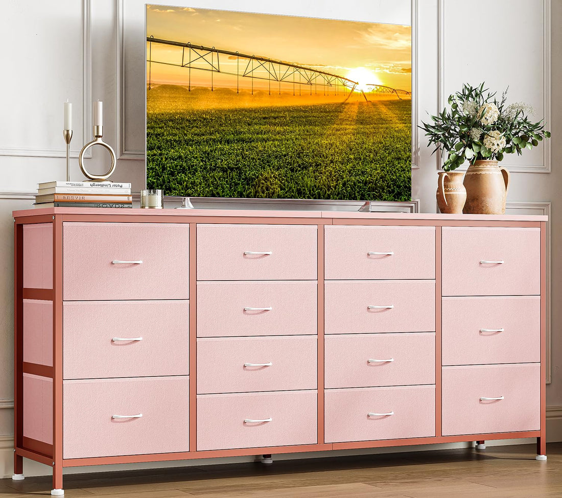 Meuble TV Garvee 63 po (160 cm) de large pour téléviseurs de 65 à 75 po (165 à 190 cm), 14 tiroirs, plateau en tissu et bois, protection anti-basculement, pour chambre et salon, durable et sûr