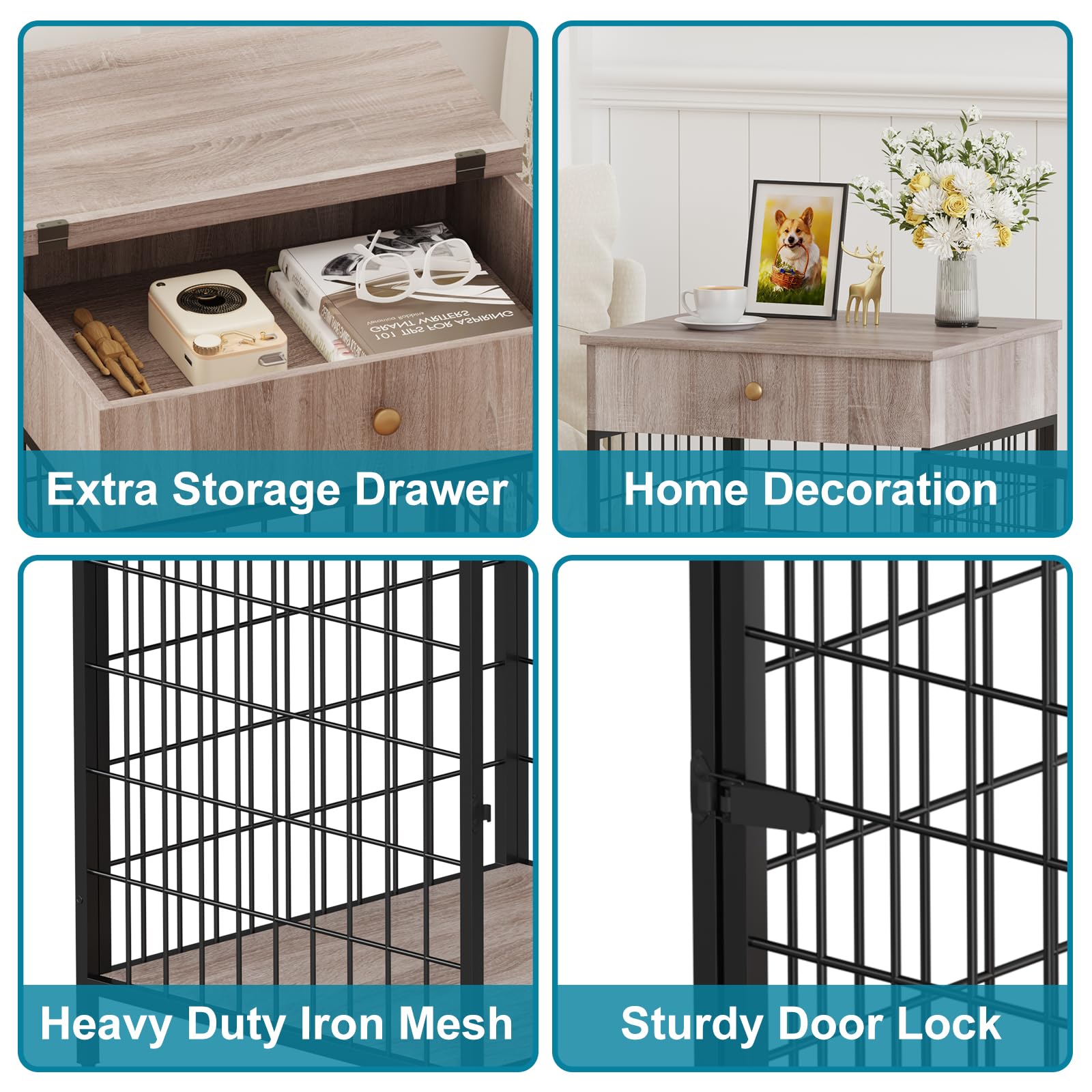 Meuble pour cage de rangement pour chien Garvee, structure en acier, résistant aux jouets à mâcher, avec tiroir, pour petits chiens, table d'appoint d'intérieur, 50 cm (L) x 58 cm (l) x 68 cm (H)