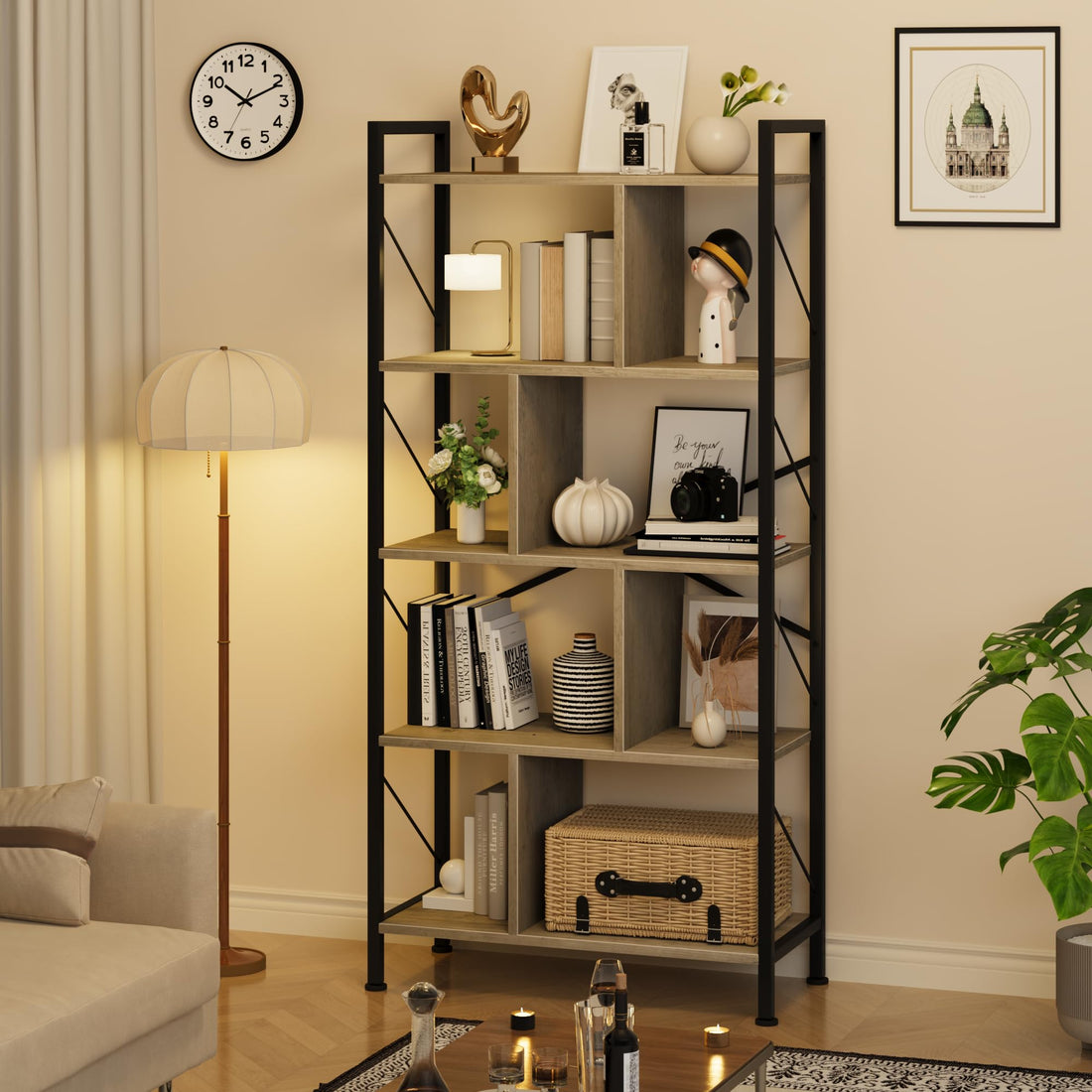 Garvee étagère industrielle haute à 5 niveaux avec rangement pour salon, bureau, chambre, en MDF et métal, robuste et anti-basculement