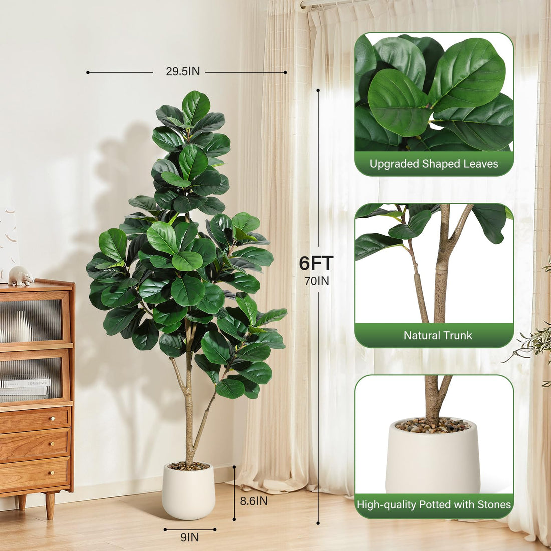 Garvee Ficus lyrata artificiel 1,8 m, 108 feuilles, pot blanc de 23 cm, pour salon et bureau