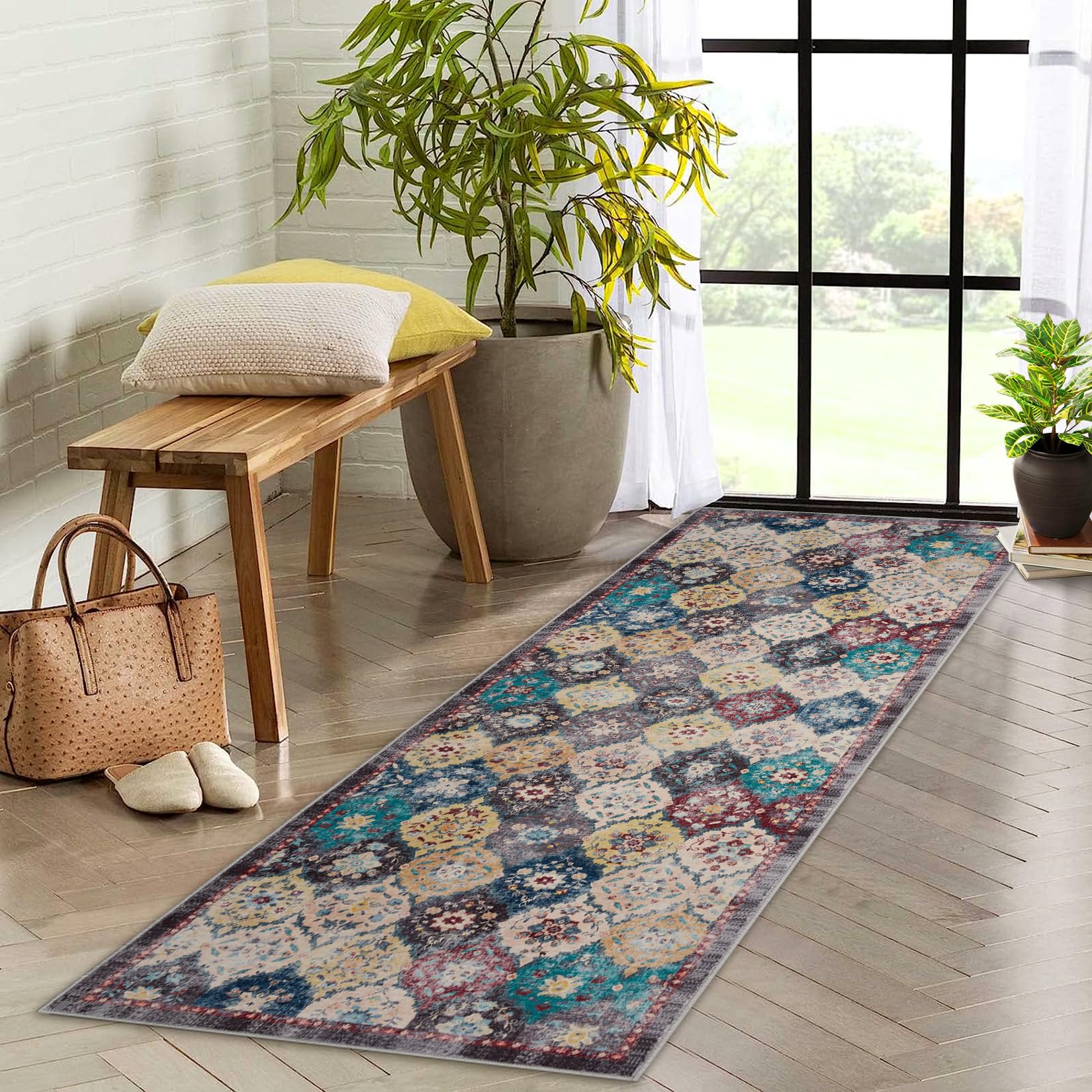 Tapis vintage Garvee grand format 60x180cm, lavable, antidérapant, en polyester doux à poils courts, pour salon ou chambre.
