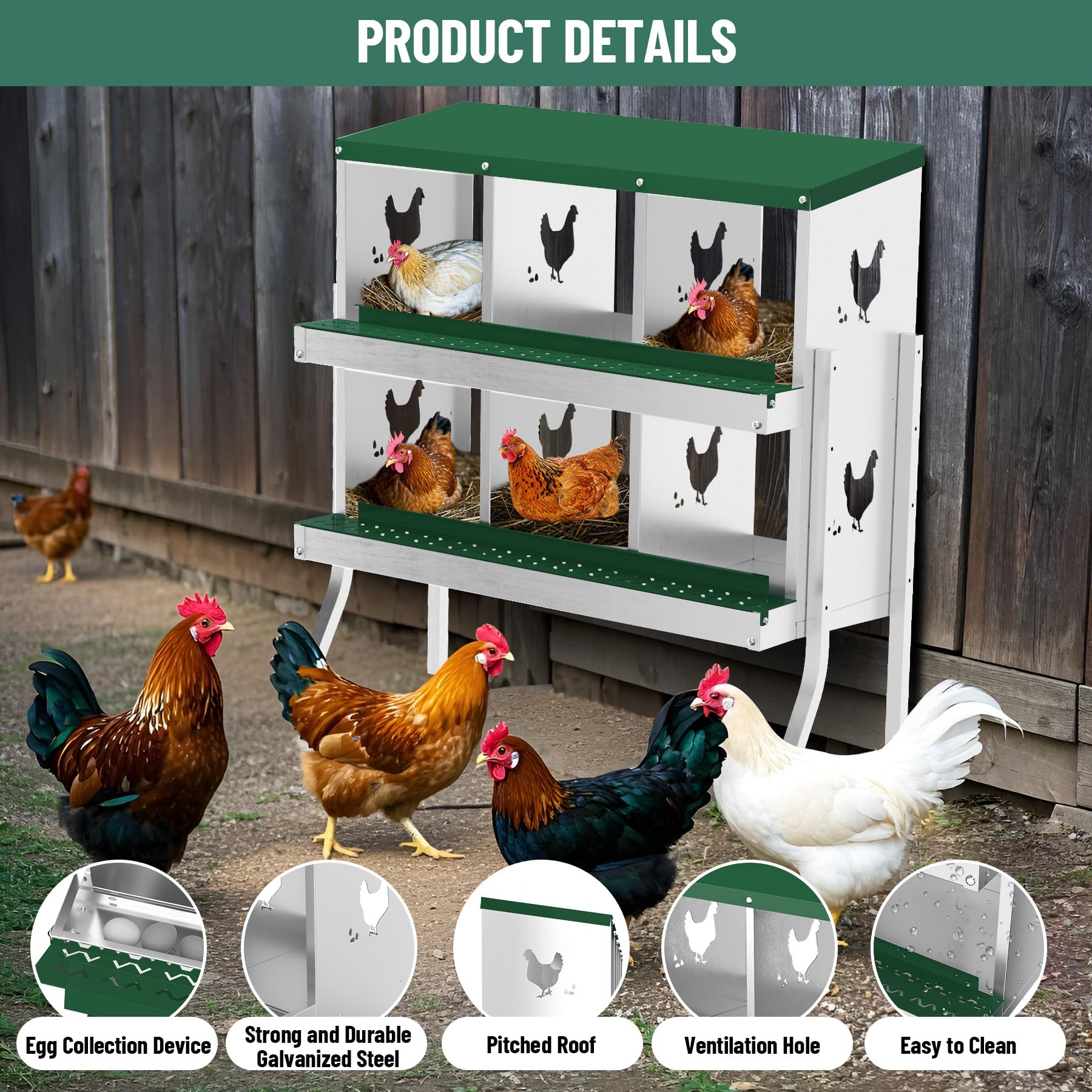 Garvee pondoir pour poules à 6 compartiments avec support métallique, acier galvanisé de 0,7 mm, idéal pour poulaillers, fermes et basses-cours, vert