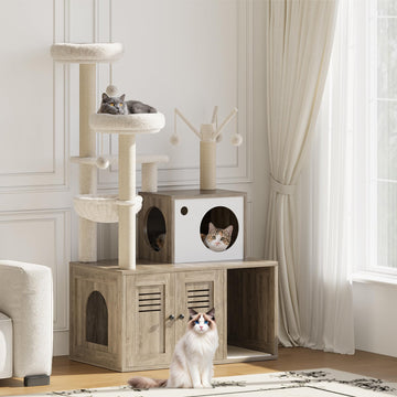 Meuble pour chat Garvee en bois avec bac à litière dissimulé, griffoir et hamac pour chats de petite et moyenne taille, plusieurs niveaux, gris rustique, salon