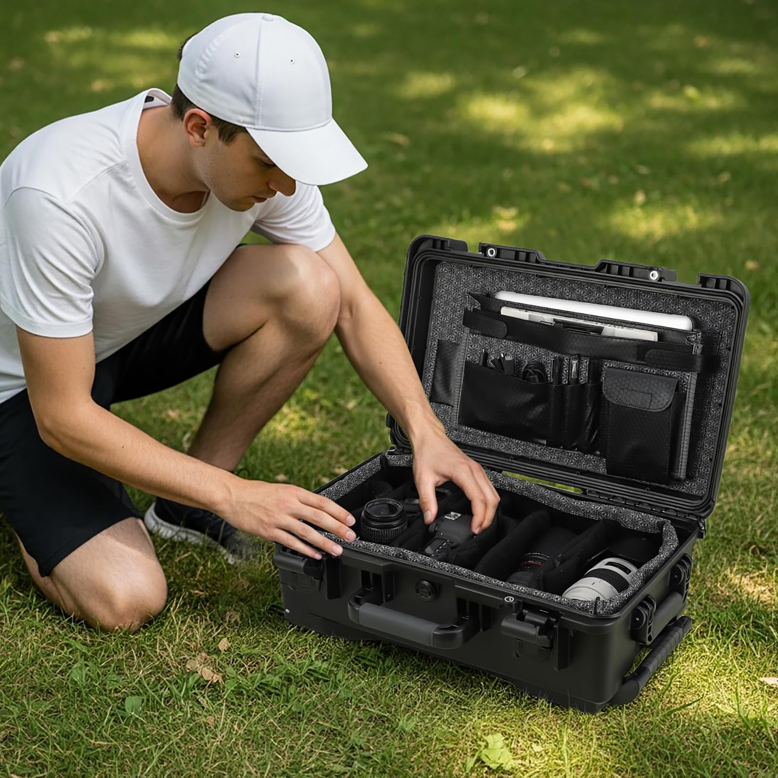 Étui de protection Garvee, en polycarbonate, étanche IPX67, avec roulettes et séparateurs rembourrés, idéal pour les voyages et la photographie, léger et sécurisé.