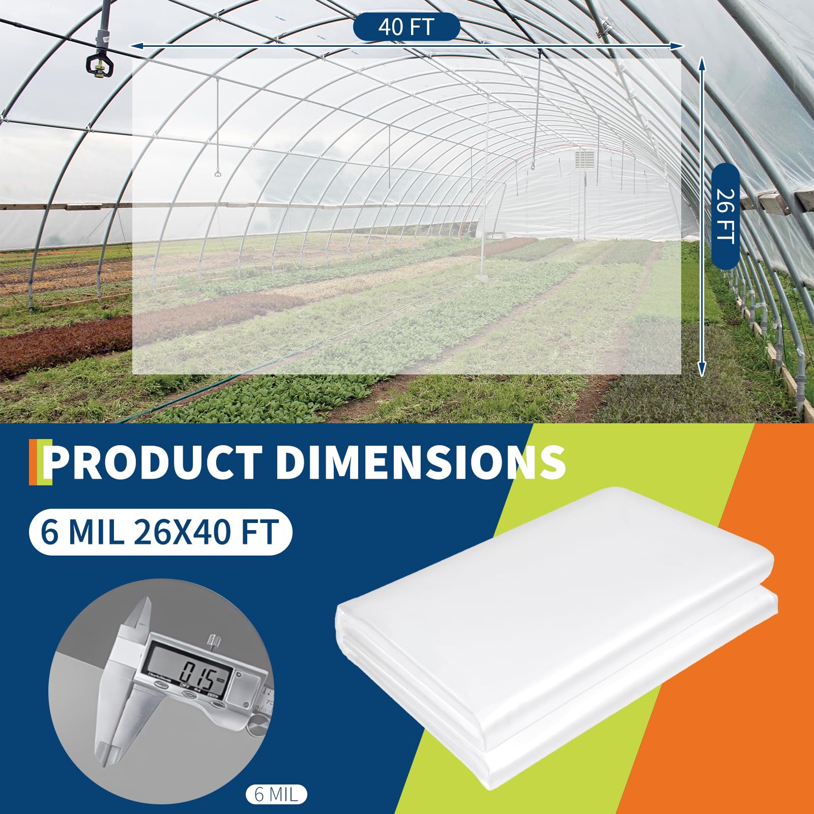 Film de serre Garvee 26 x 40 pi, 6 mil, LDPE, résistant aux UV, haute transparence, indéchirable, pour jardinage et agriculture, transparent