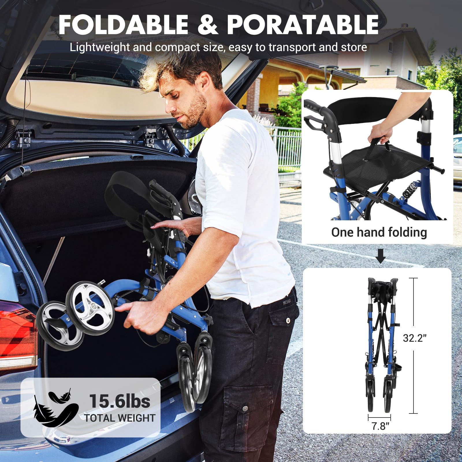 Garvee Déambulateur senior pliable en aluminium léger, roues 30 cm avec amortisseurs, siège rembourré, hauteur réglable, intérieur/extérieur, bleu et noir