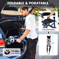 Garvee Déambulateur senior pliable en aluminium léger, roues 30 cm avec amortisseurs, siège rembourré, hauteur réglable, intérieur/extérieur, bleu et noir