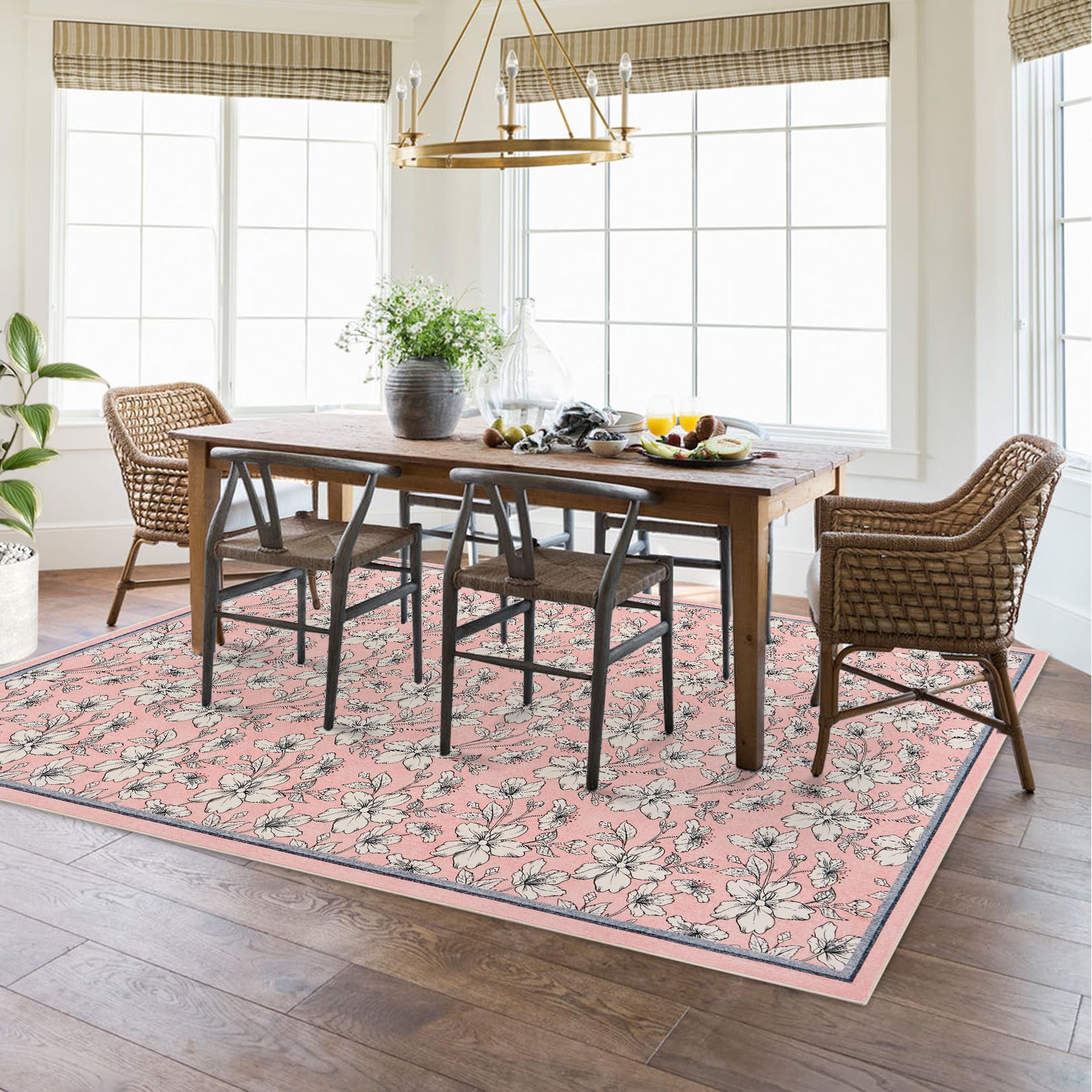 Tapis de salon lavable Garvee, motif floral vintage, poils courts, antidérapant, doux, grand format 160 x 230 cm, rose