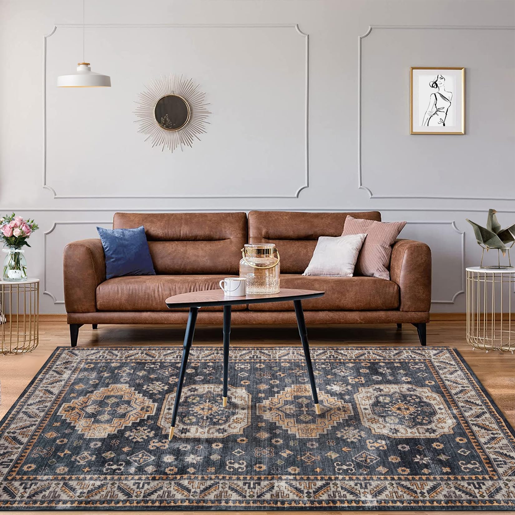 Tapis oriental vintage Garvee 160x230cm bleu, lavable, antidérapant, pour salon et chambre, style bohème, polyester