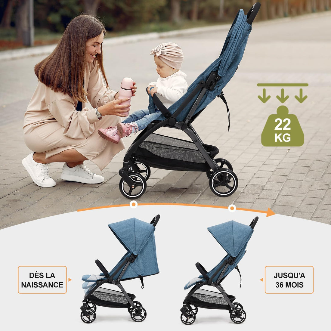 Garvee Poussette de voyage pliable, compacte et ultralégère, pour les nouveau-nés jusqu'à 22 kg, dossier réglable, grande capote avec fenêtre, pneus EVA, vert