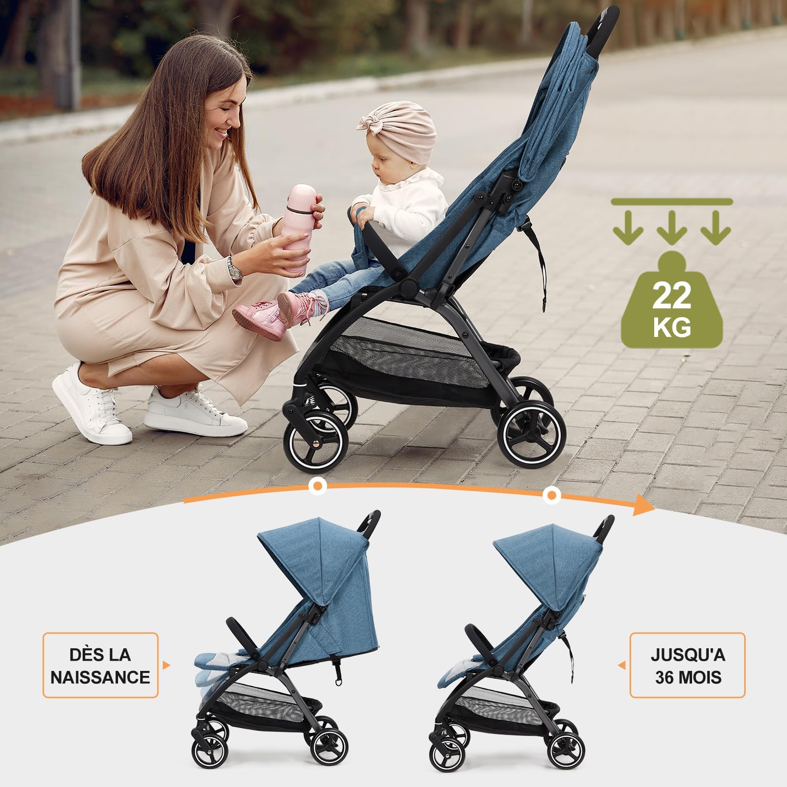 Poussette GARVEE, poussette de voyage pliable, compacte et ultralégère, pour les nouveau-nés jusqu'à 22 kg, dossier réglable, grande capote avec fenêtre, pneus EVA