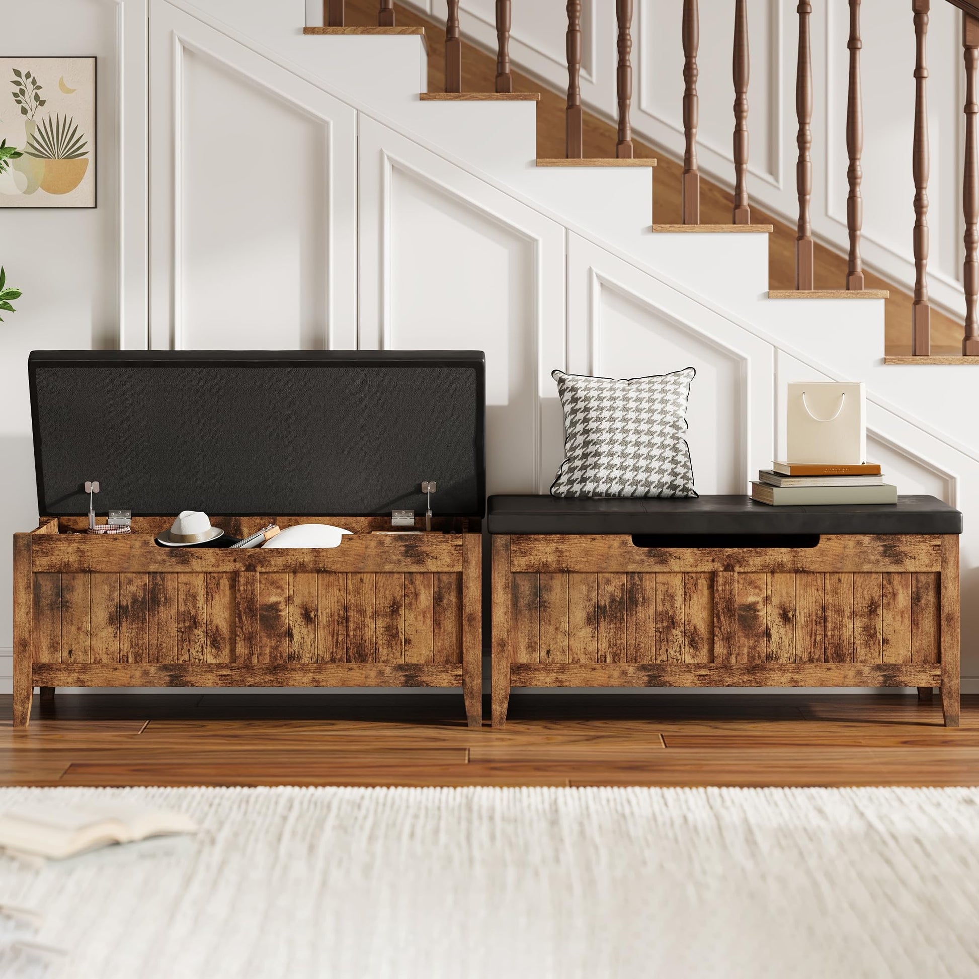 Coffre-banc de rangement Garvee en bois avec charnières de sécurité, assise rembourrée et poignées ergonomiques, idéal pour le salon et la chambre, 100 cm (39,4 po), marron.