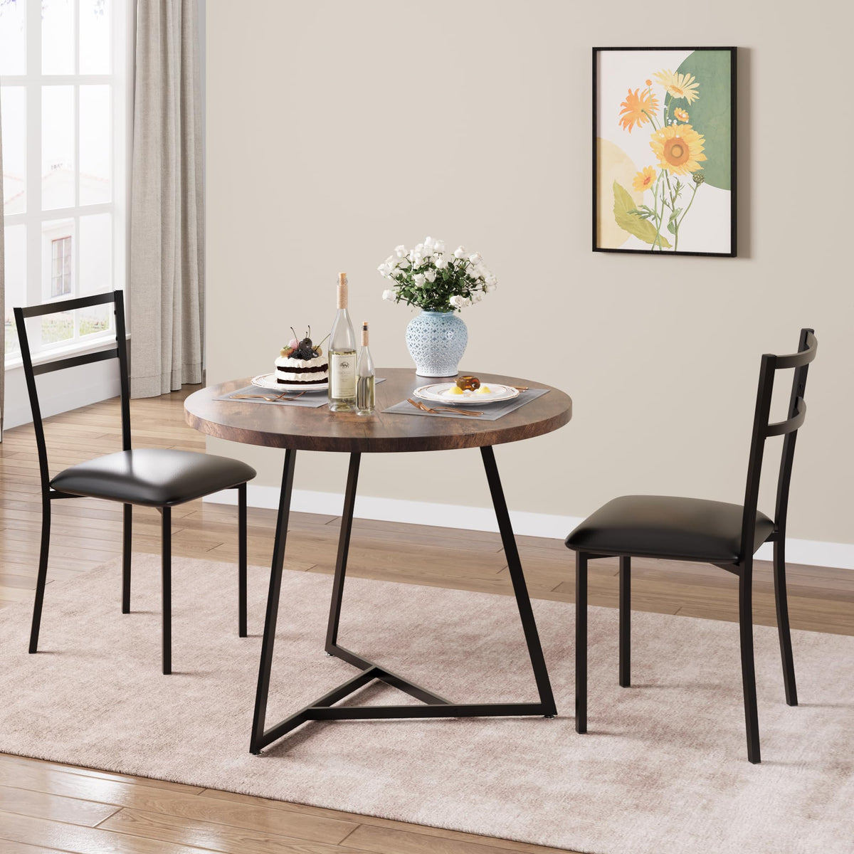 Ensemble table et chaises rondes Garvee pour 2 personnes, en MDF et métal, style rétro marron, gain de place idéal pour les petits appartements.