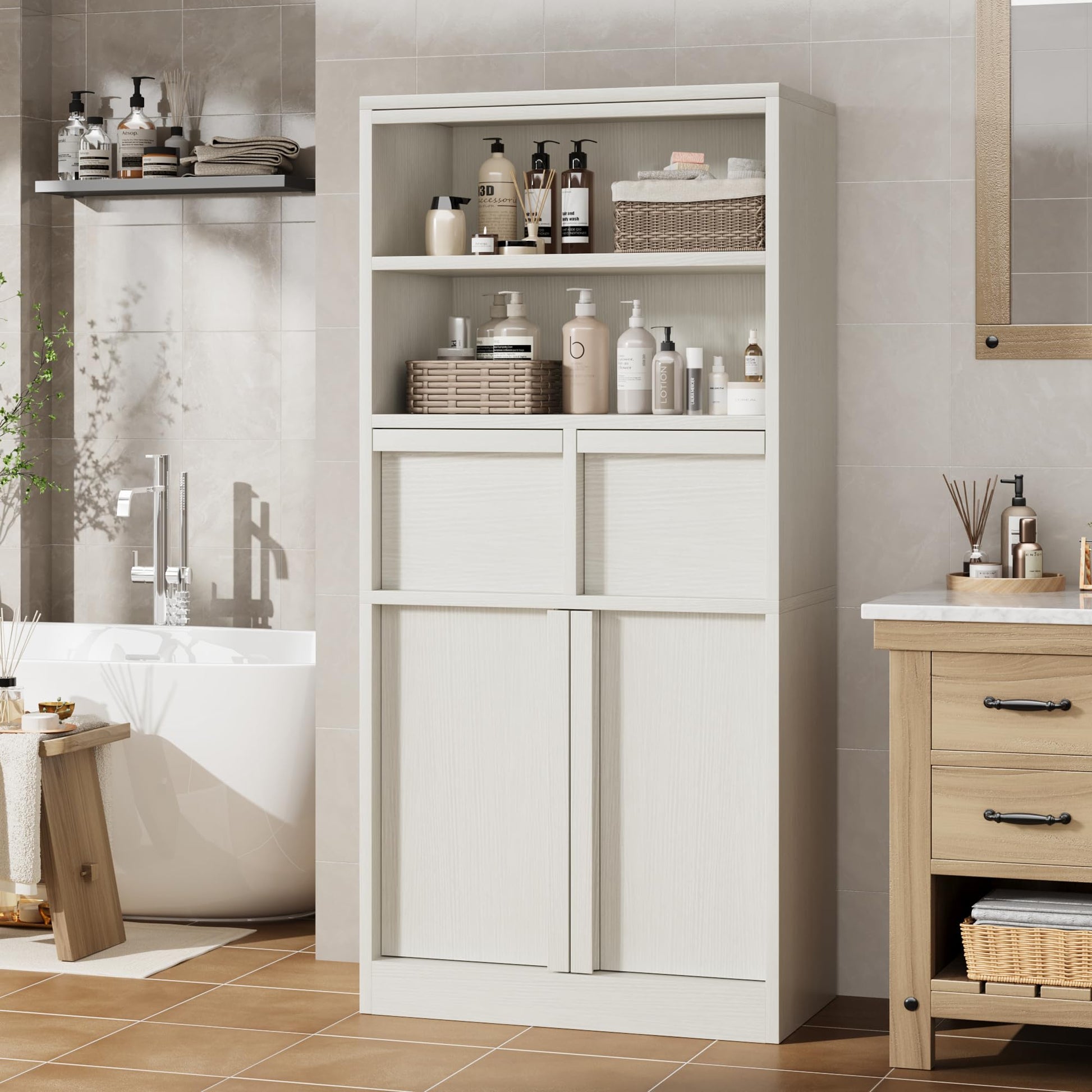 Meuble de salle de bain Garvee grand format avec portes et 2 tiroirs, MDF, blanc, autoportant, imperméable, résistant aux rayures, 130 cm de hauteur, polyvalent pour salle de bain et salon