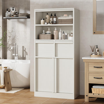 Meuble de salle de bain Garvee grand format avec portes et 2 tiroirs, MDF, blanc, autoportant, imperméable, résistant aux rayures, 130 cm de hauteur, polyvalent pour salle de bain et salon