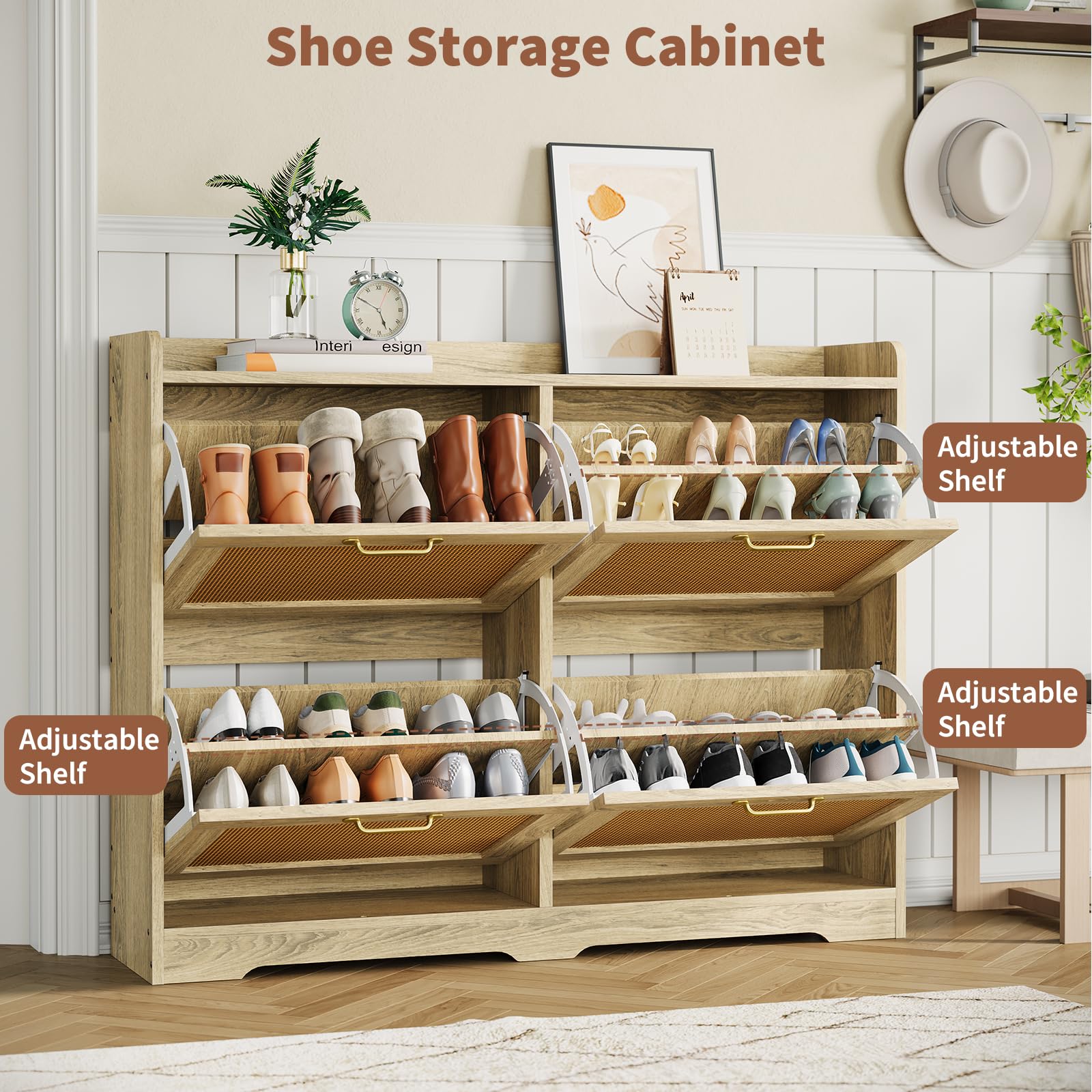 Meuble à chaussures Garvee en rotin avec 4 tiroirs abattants, idéal pour l'entrée ou le couloir. Fabriqué en MDF, il est stable, peu encombrant et respirant.