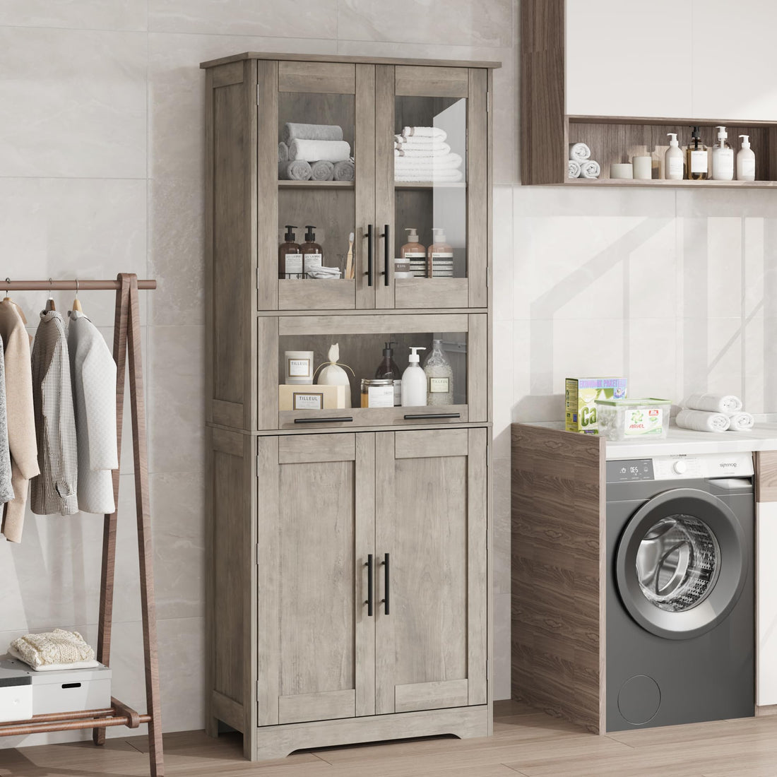 Garvee Meuble de salle de bain 170 cm, étroit et haut, avec 2 portes et 1 tiroir – Gris, étagères réglables, gain de place pour salle de bain, couloir et salon