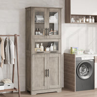 Meuble de salle de bain Garvee 170 cm, étroit et haut, avec 2 portes et 1 tiroir – Gris, étagères réglables, gain de place pour salle de bain, couloir et salon