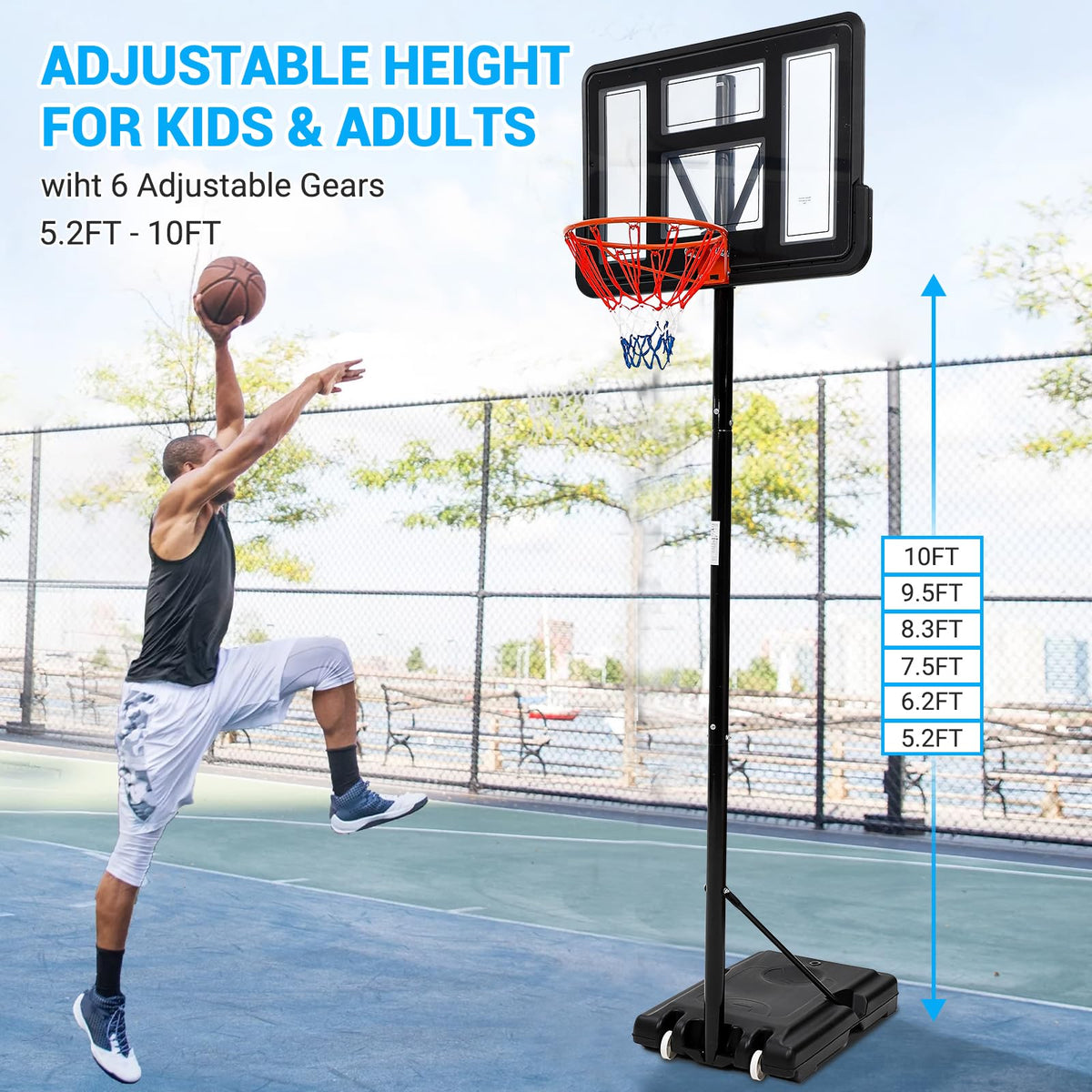 Panier de basket d'extérieur Garvee, réglable de 1,5 à 3 m, panneau incassable en PVC de 112 cm, cadre en PE, poteaux en acier inoxydable, portable pour jardin et aire de jeux