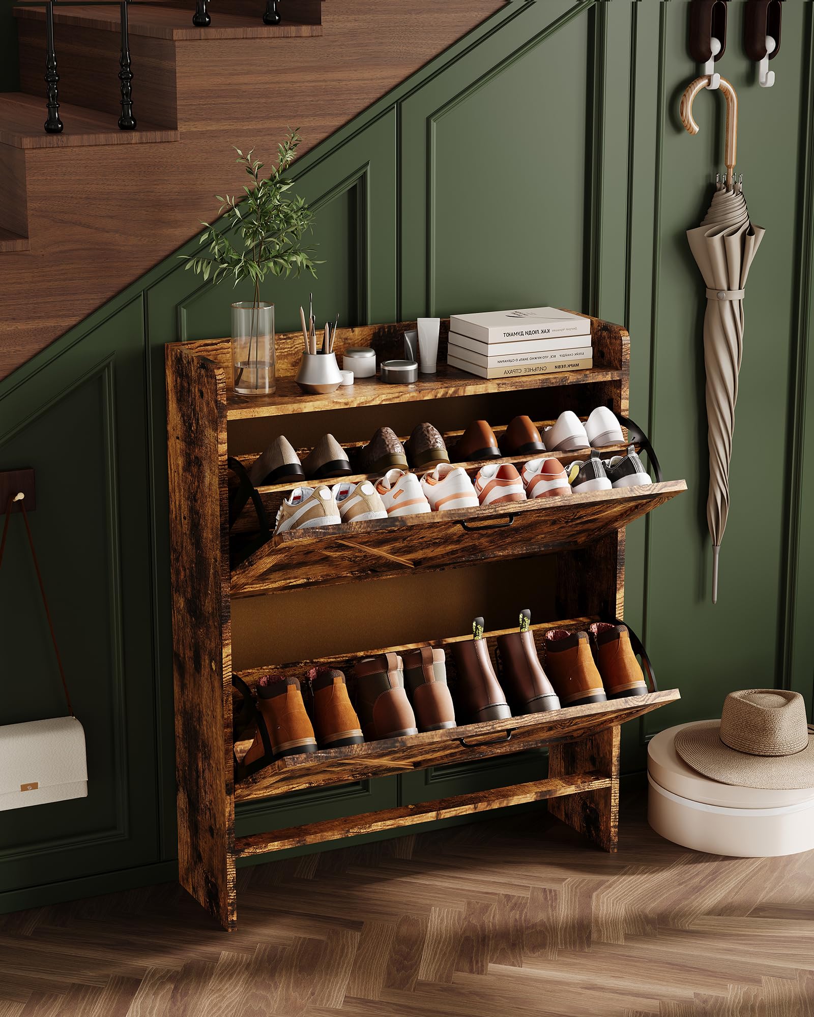 Meuble à chaussures Garvee avec 2 tiroirs pliables, style rustique marron, idéal pour l'entrée et le couloir, gain de place.