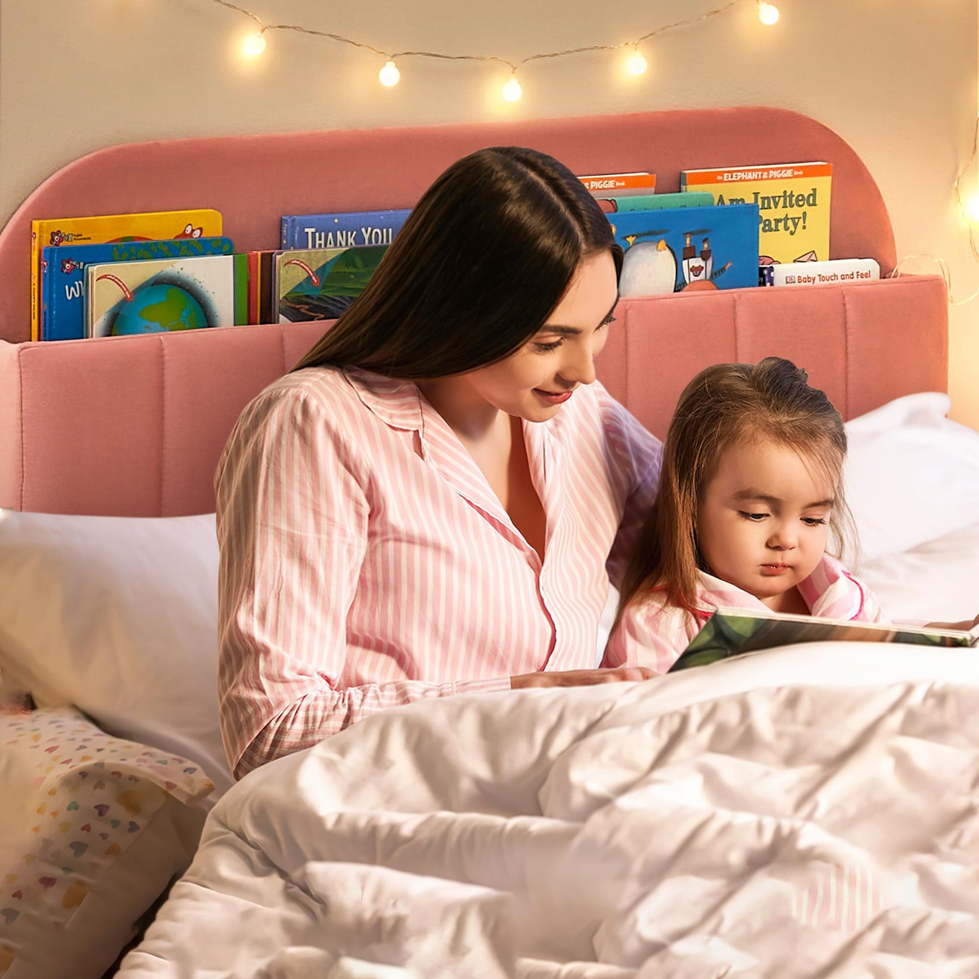Cadre de lit double Garvee avec bibliothèque, velours, pieds robustes en acier, silencieux, rose, pour chambre d'enfant