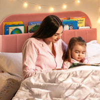Cadre de lit double Garvee avec bibliothèque, velours, pieds robustes en acier, silencieux, rose, pour chambre d'enfant