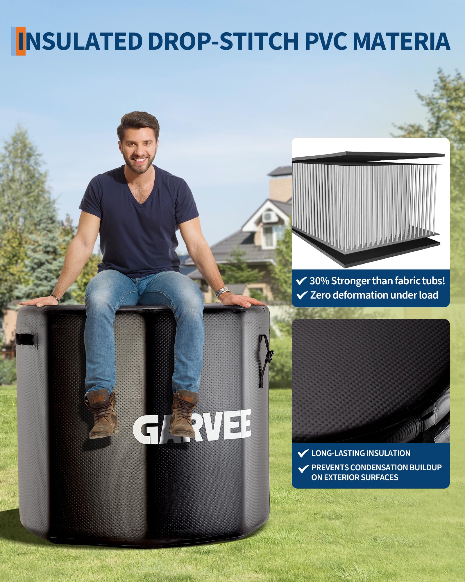 Bain de glace Garvee pour athlètes, 660 litres, PVC de qualité militaire, couvercle isolé, portable, pour les loisirs