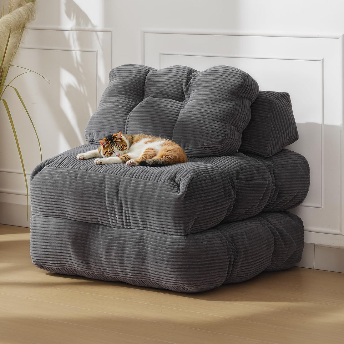 Garvee Canapé-Lit Pliant 3 en 1 avec Coussins, Soutien Lombaire et Matelas Pliable, Velours Côtelé Doux, Fauteuil Portable Confortable, pour Salon et Chambre, Gris