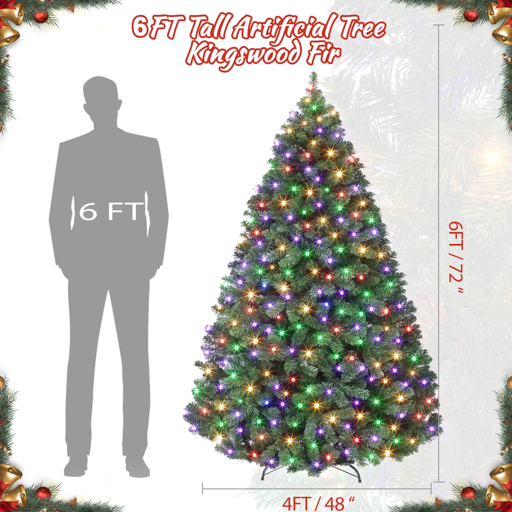 Sapin de Noël artificiel Garvee 180 cm – 250 LED, sapin en PVC, Ø 114 cm, vert, pied en métal