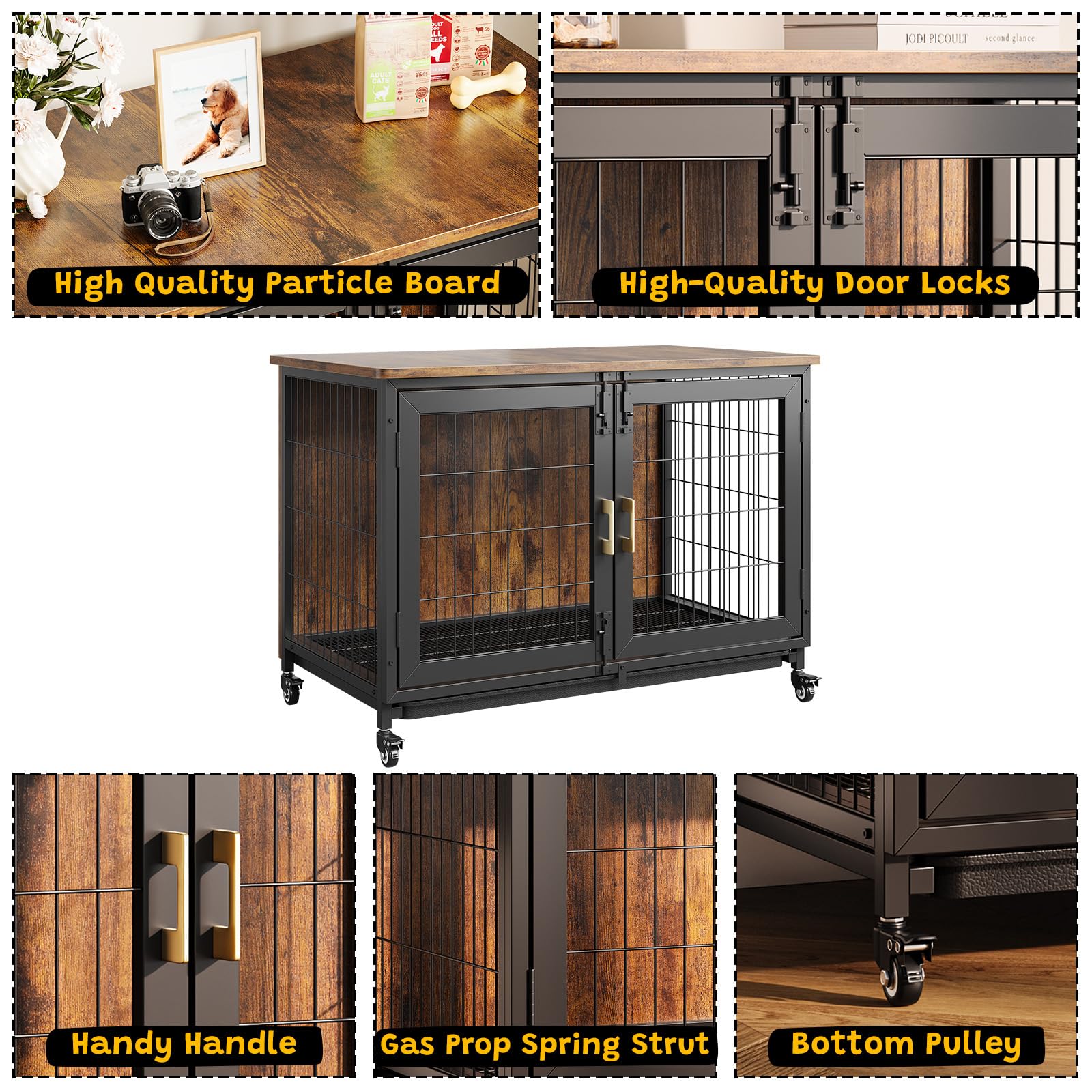 Niche pour chien Garvee de 95 cm (37,5 pouces) avec roulettes, fond grillagé, plateau amovible pour chiens de petite et moyenne taille, style ferme d'intérieur, aspect bois, structure en acier robuste.