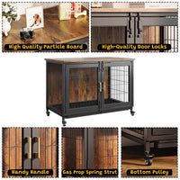 Niche pour chien Garvee de 95 cm (37,5 pouces) avec roulettes, fond grillagé, plateau amovible pour chiens de petite et moyenne taille, style ferme d'intérieur, aspect bois, structure en acier robuste.