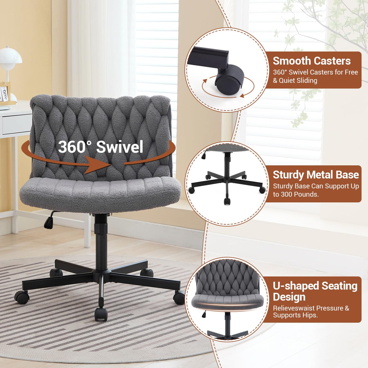 Garvee chaise de bureau criss cross à roulettes, assise large, pivotante à 360°, structure en métal, sans accoudoirs, design moderne pour bureau à domicile et coiffeuse, 66 cm, noire