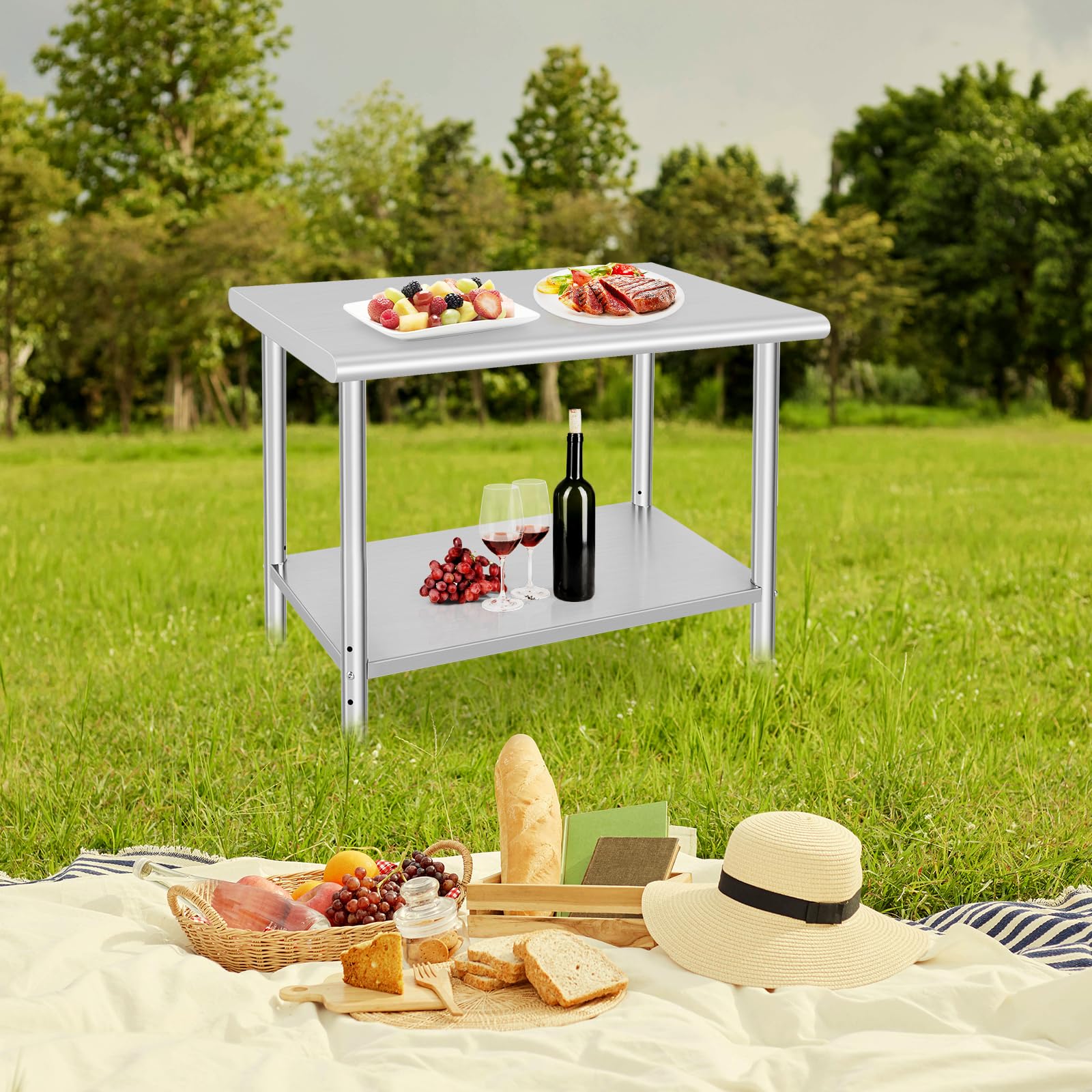 Table de travail Garvee en acier inoxydable – 91 × 61 × 89 cm, avec roulettes et étagère inférieure réglable, robuste et facile à nettoyer