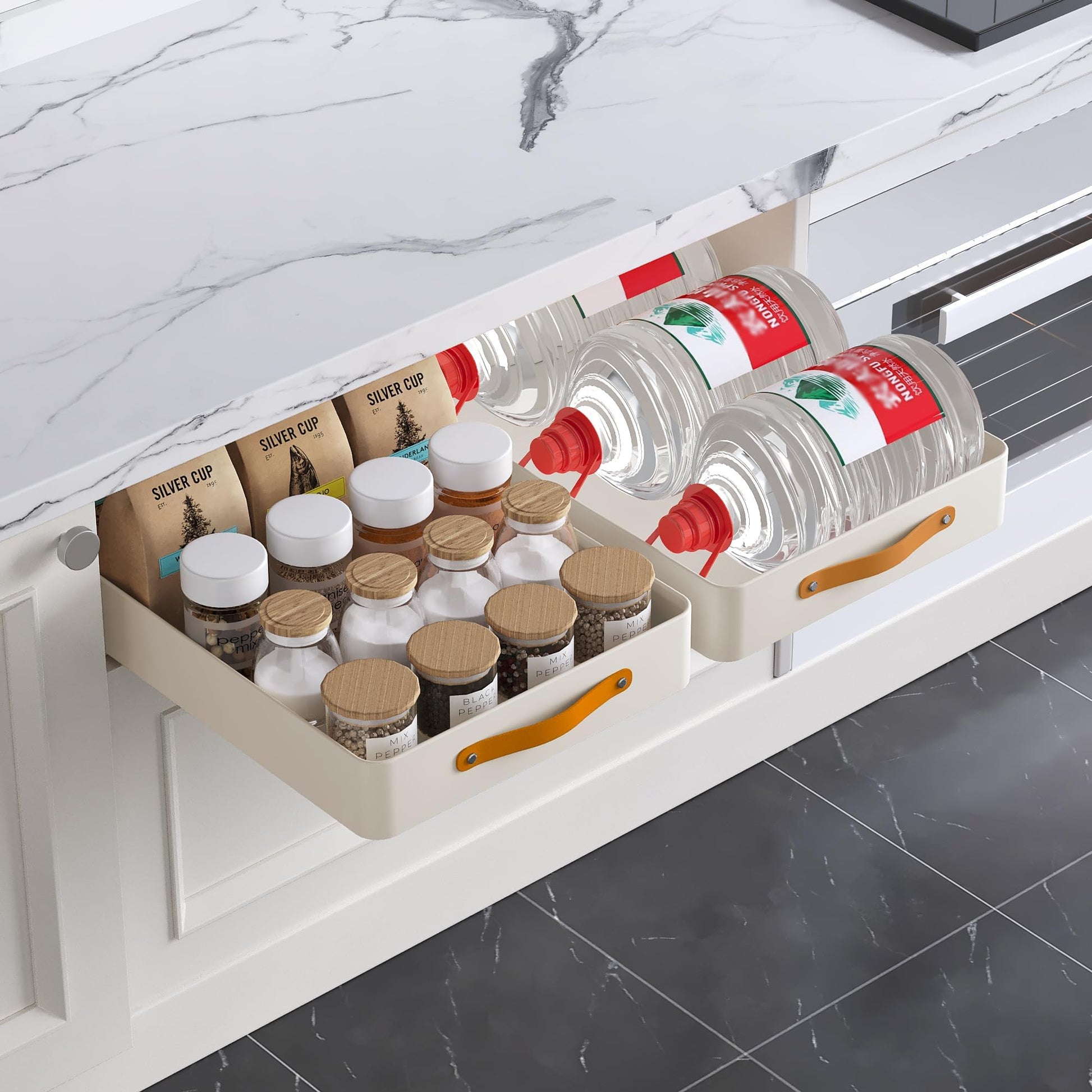 Organisateur de cuisine à tiroir Garvee, capacité de charge 50 kg, acier, poignée ergonomique, réglable, pour cuisine et salle de bain, 25 x 48 x 8 cm, noir