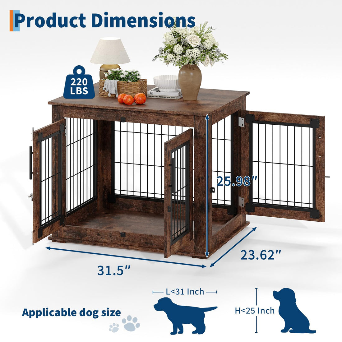 Garvee Cage pour chien style farmhouse taille moyenne, meuble d’appoint en bois robuste avec doubles portes, niche intérieure anti-mordillage pour petit/moyen chien, salon