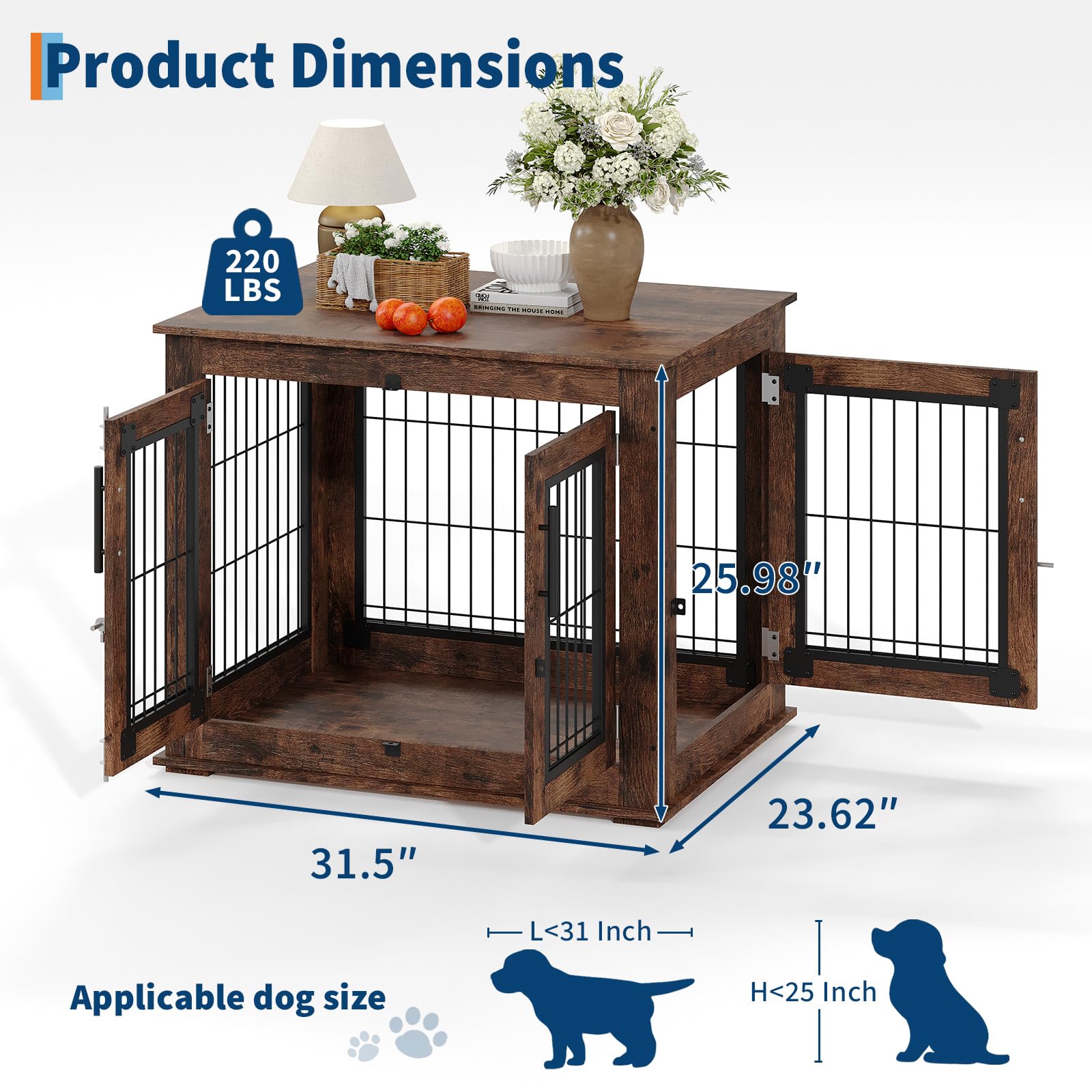 Garvee Cage pour chien style farmhouse taille moyenne, meuble d’appoint en bois robuste avec doubles portes, niche intérieure anti-mordillage pour petit/moyen chien, salon