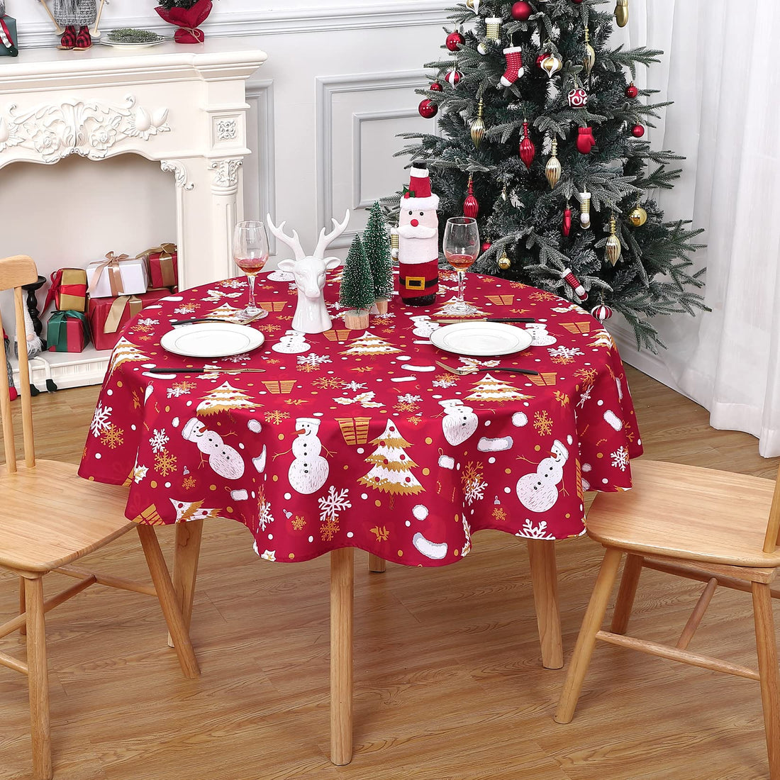 Nappe Garvee Kerst imperméable à motif bonhomme de neige, verte moderne, ronde, 152 cm (60 pouces), idéale pour la cuisine, le salon, les fêtes et les buffets.