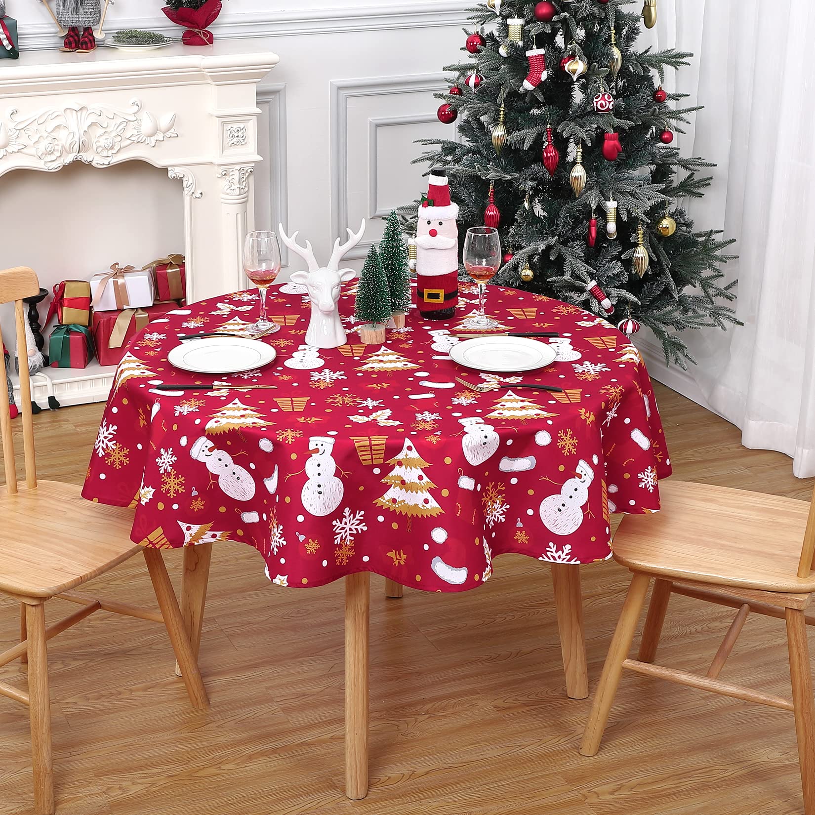 Nappe Garvee Kerst imperméable à motif bonhomme de neige, verte moderne, ronde, 152 cm (60 pouces), idéale pour la cuisine, le salon, les fêtes et les buffets.