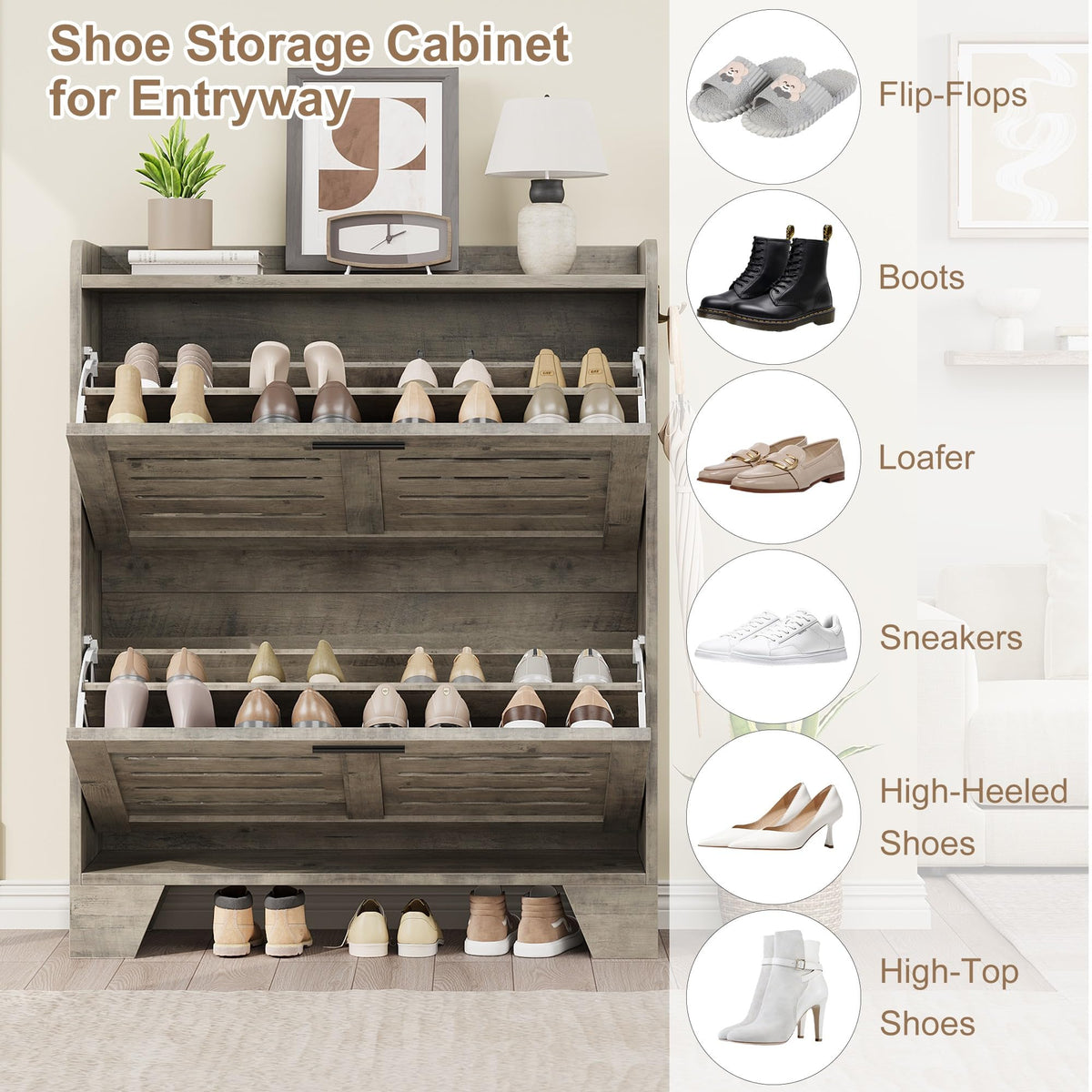 Garvee meuble à chaussures pour entrée, avec 2 tiroirs abattants, en bois vert p2, ventilé, résistant aux rayures, étroit, profondeur 35 cm