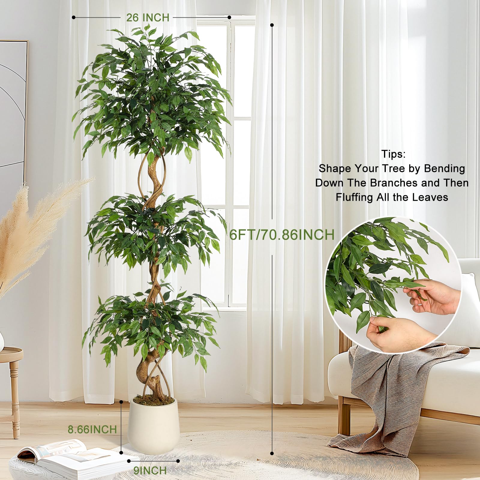 Garvee Ficus Artificiel 180 cm, Arbre Décoratif Réaliste avec 1449 Feuilles en Soie et Tronc en Bois Naturel pour Salon et Bureau