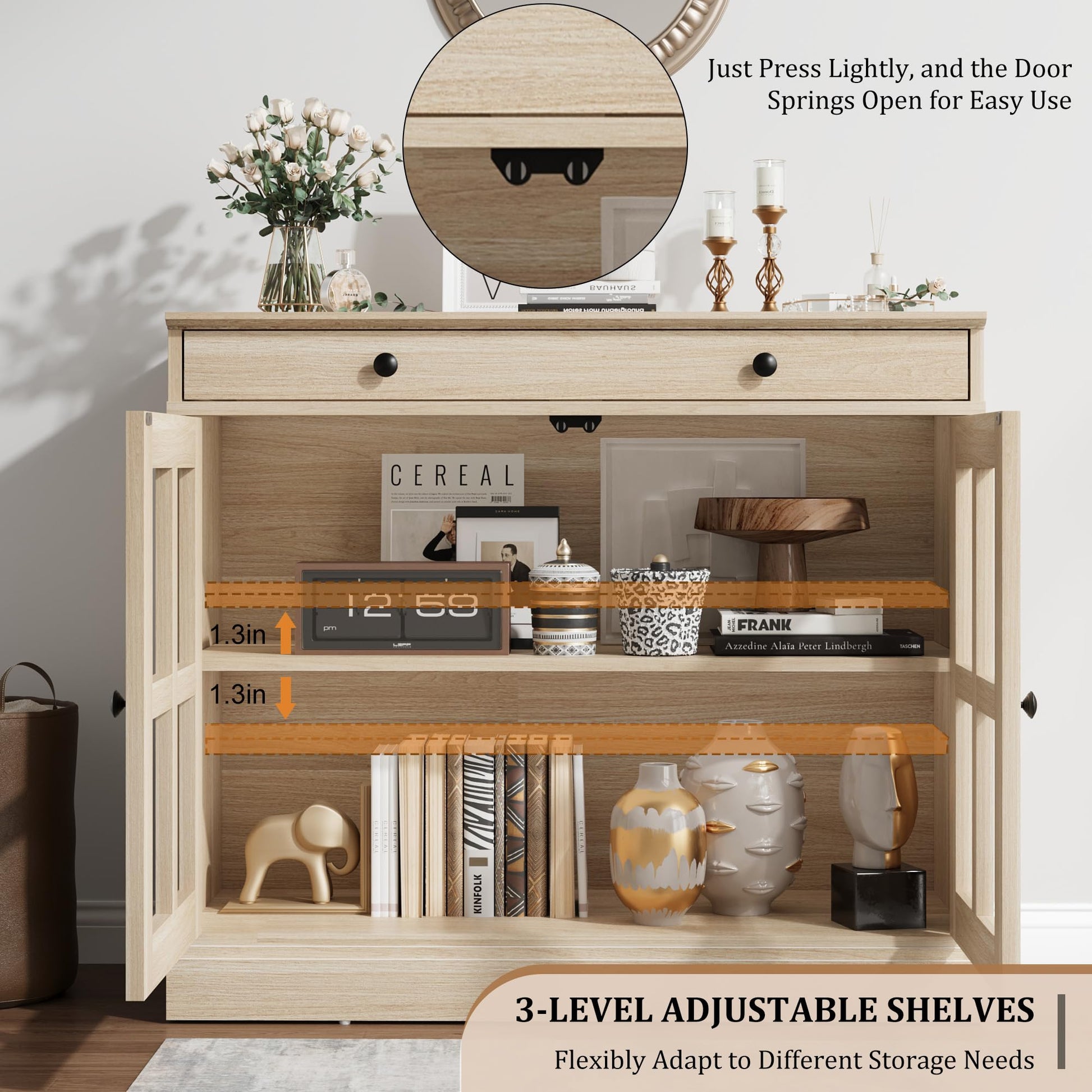 Buffet Garvee 90 cm avec porte vitrée, étagères réglables, fermeture amortie, chêne, salle à manger et cuisine, construction robuste, montage facile