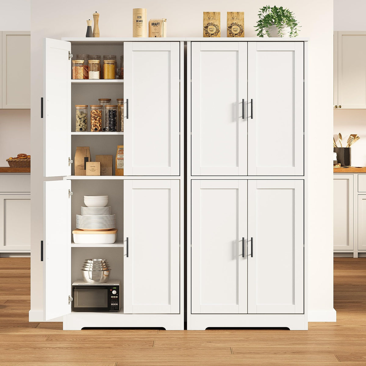 Armoire de cuisine Garvee de 178 cm de haut avec 4 portes et étagères réglables, en bois blanc, pour salle à manger, salle de bain, salon