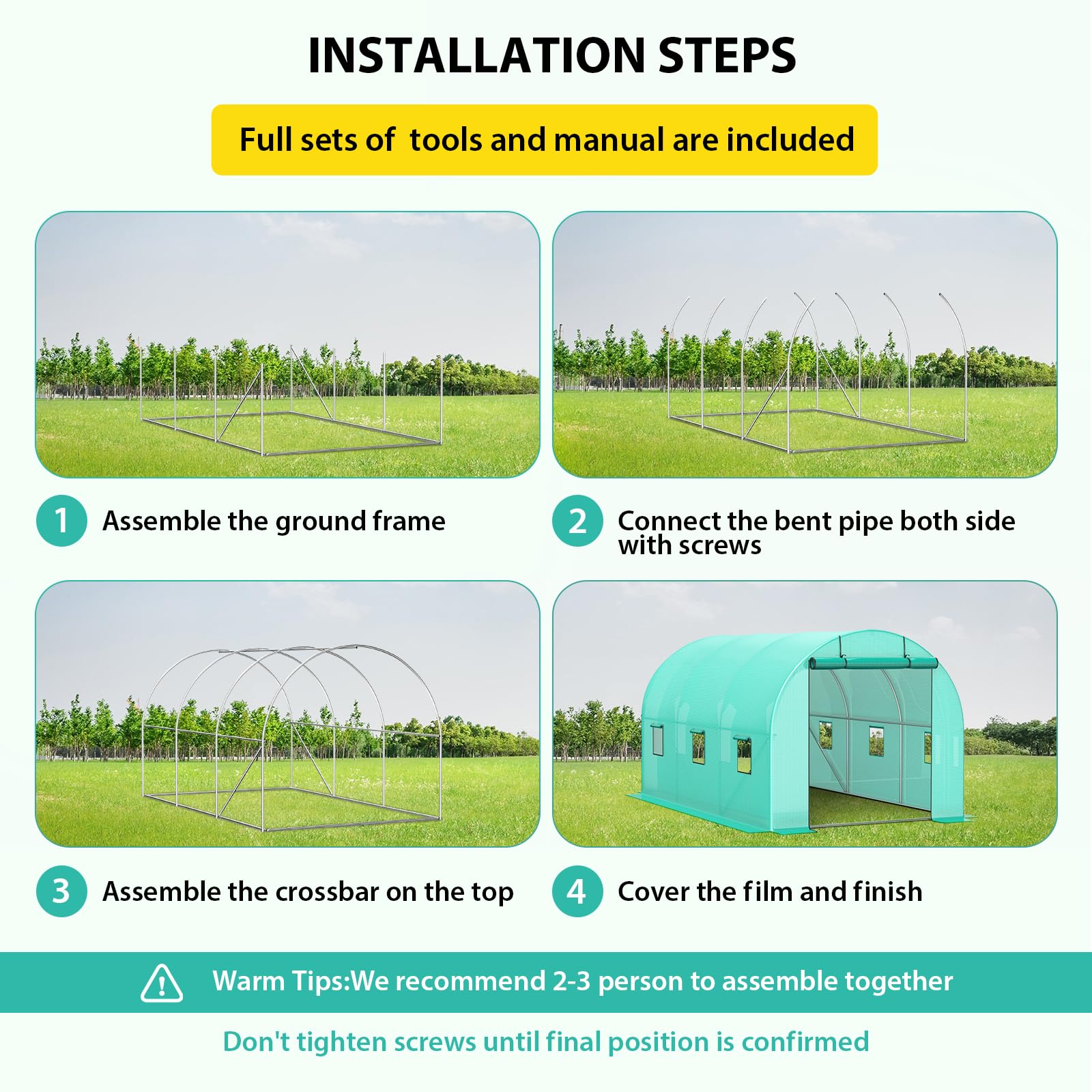 Serre Garvee 2,4 × 3,9 × 2,1 m – Structure en acier galvanisé avec 6 fenêtres et 2 portes zippées, bâche en PE, résistante au vent et aux intempéries, verte