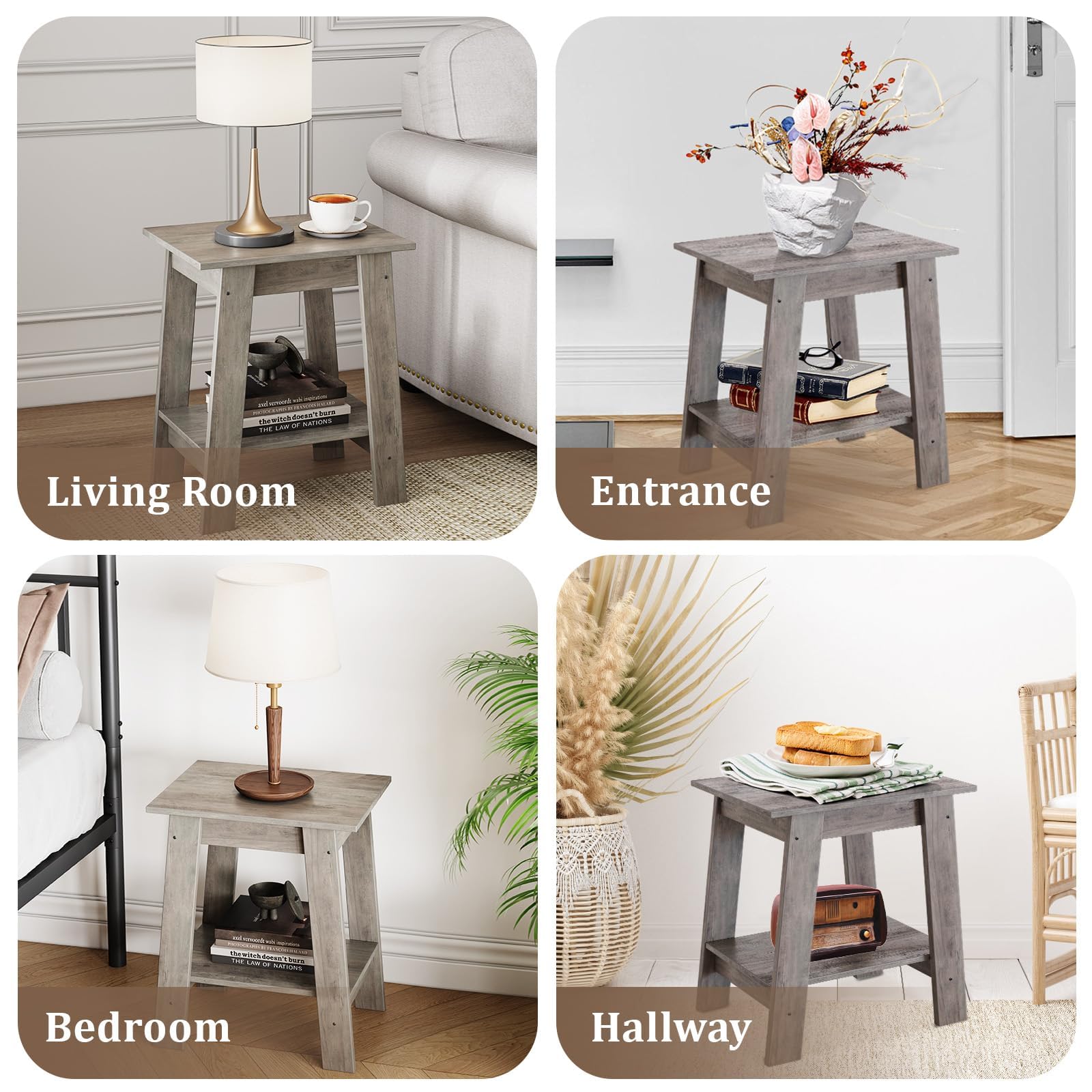 Ensemble de 2 tables d'appoint Garvee – 2 étagères, compactes, en bois et métal, robustes, grises